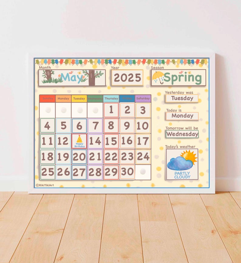 May include: A printable calendar for May 2025 with a yellow background and white polka dots. The calendar features a colorful banner with the word "May" and a cartoon tree. The season is "Spring" and the weather is "Partly Cloudy".
