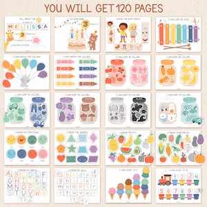 Pode incluir: Um conjunto de materiais educativos para crian&ccedil;as, com ilustra&ccedil;&otilde;es e atividades coloridas. Inclui p&aacute;ginas para aprender cores, formas, o alfabeto, contar e as partes do corpo. O texto "YOU WILL GET 120 PAGES" &eacute; vis&iacute;vel no topo.