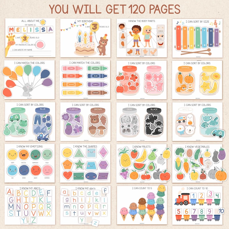 Pode incluir: Um conjunto de materiais educativos para crian&ccedil;as, com ilustra&ccedil;&otilde;es e atividades coloridas. Inclui p&aacute;ginas para aprender cores, formas, o alfabeto, contar e as partes do corpo. O texto "YOU WILL GET 120 PAGES" &eacute; vis&iacute;vel no topo.