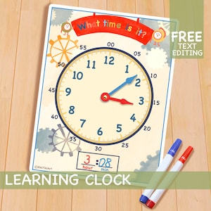 May include: A colorful learning clock with gears and a blue and red hand. The clock face shows the time is 3:08. The text "What time is it?" is written in a red banner above the clock. The text "LEARNING CLOCK" is written in blue below the clock. The text "FREE TEXT EDITING" is written in a white box with a red border in the upper right corner of the image.