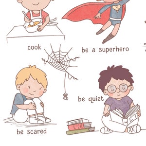 May include: Illustration of four children doing different activities. The first child is cooking, the second is a superhero, the third is scared, and the fourth is reading a book and being quiet.