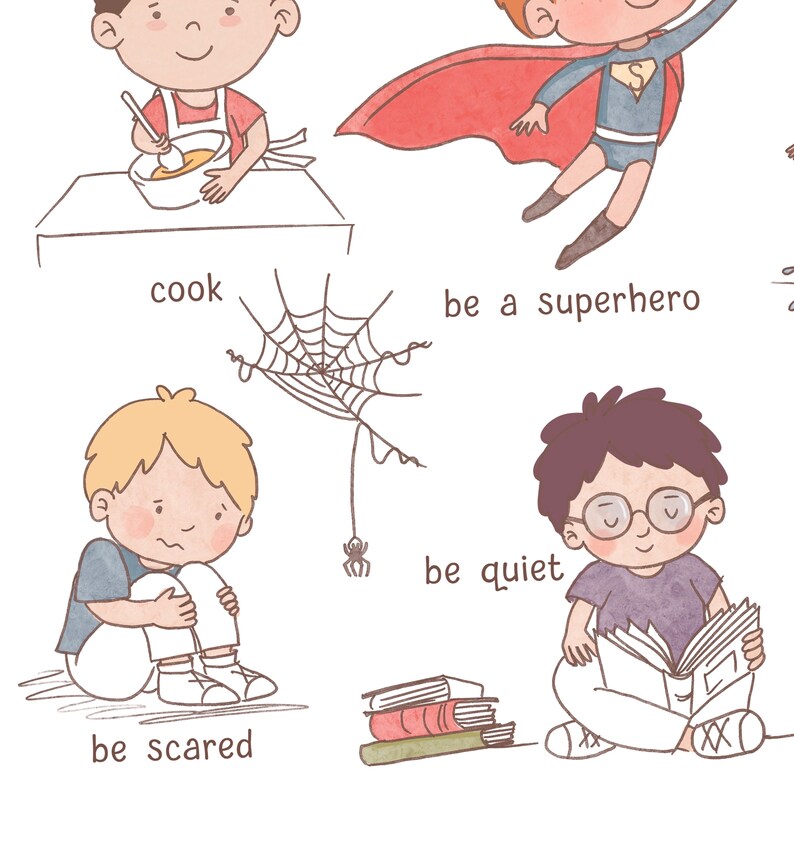 May include: Illustration of four children doing different activities. The first child is cooking, the second is a superhero, the third is scared, and the fourth is reading a book and being quiet.