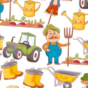 May include: A colorful illustration featuring a farmer, a tractor, a wheelbarrow, a scarecrow, watering cans, and garden vegetables. The farmer is holding a pitchfork and wearing a blue overall. The tractor is green and has a yellow steering wheel. The wheelbarrow is yellow and has a smiling face. The scarecrow is wearing a brown hat and a brown vest. The watering cans are yellow and have smiling faces. The garden vegetables are carrots, beets, and leafy greens.