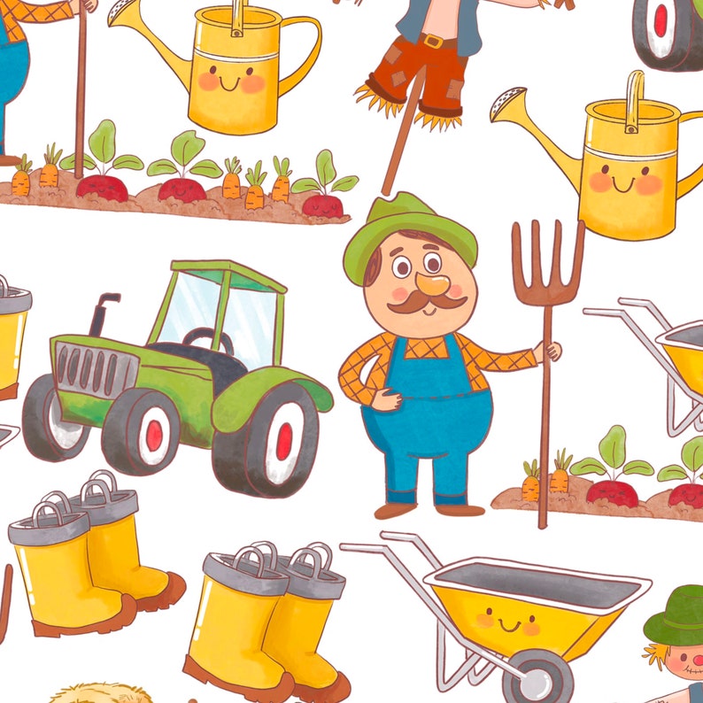 May include: A colorful illustration featuring a farmer, a tractor, a wheelbarrow, a scarecrow, watering cans, and garden vegetables. The farmer is holding a pitchfork and wearing a blue overall. The tractor is green and has a yellow steering wheel. The wheelbarrow is yellow and has a smiling face. The scarecrow is wearing a brown hat and a brown vest. The watering cans are yellow and have smiling faces. The garden vegetables are carrots, beets, and leafy greens.