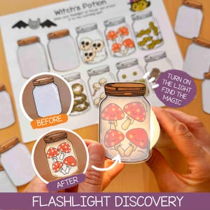 May include: A Witch's Potion flashlight discovery activity sheet featuring illustrations of jars with various contents. The sheet includes text labels like Before, After, and Turn on the light find the magic, with a jar showing mushrooms.