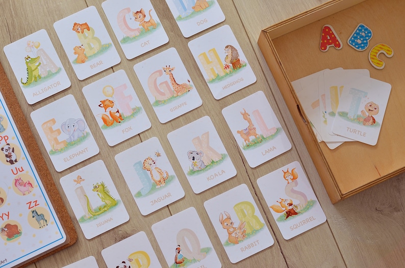 May include: A set of alphabet flash cards featuring colorful illustrations of animals. Each card has a letter of the alphabet and a corresponding animal name. The cards are designed for children learning their ABCs.