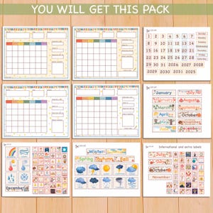 May include: A printable pack of calendar and label templates for a classroom or home. The pack includes a monthly calendar, a yearly calendar, and labels for months, seasons, and weather. The labels are colorful and feature illustrations of various themes.