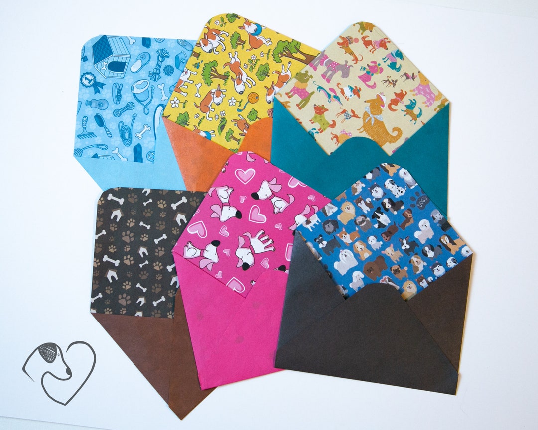 Dog Themed Envelopes set of 6 SET 1 Hand Made Double sided 3 x 4 Pug ...