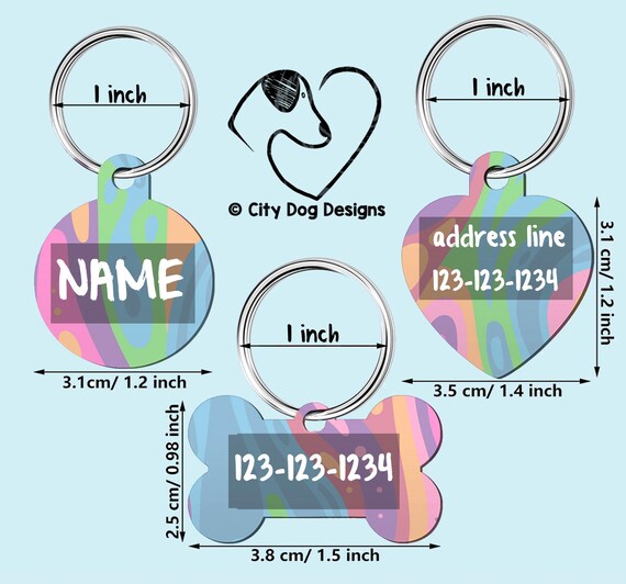 Groovy pet tag custom printed with name and contact info blue and orange dog ID printed dog tag