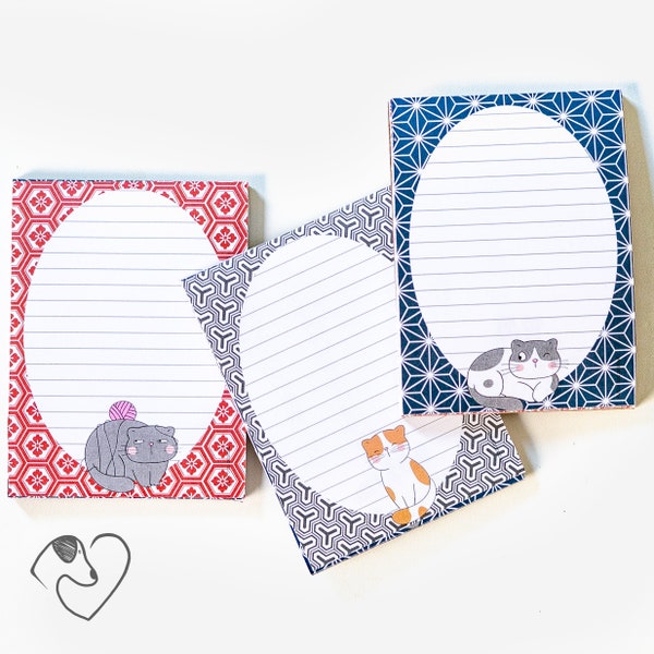 Japanese Cat Themed Notepad with 3 different designed lined pages | 3 x 4" notepad | paper pad | notebook