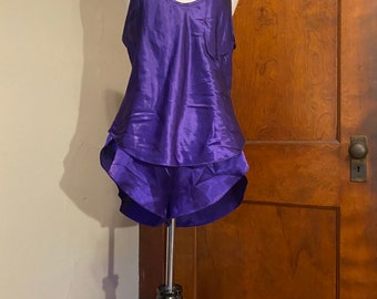 Vtg 80s Glossy/Shiny Royal Purple Lingerie Set, Cami and Tap Shorts, California Dynasty, size Med