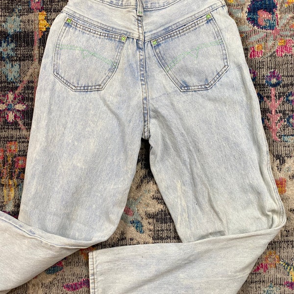 Vintage 90s Light Denim, Acid Washed High-Cut / waisted Jeans, unbranded 23” waist, neon green thread details