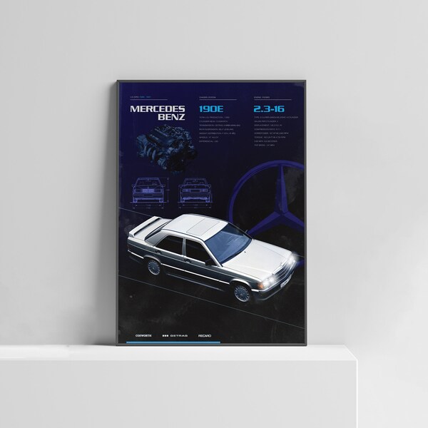 Mercedes Benz 190 E Retro Patent Blueprint Art Print - Car Poster