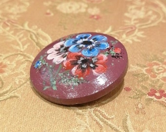 Wooden Painted Flower Brooch, Pink, Blue and Red Flowers