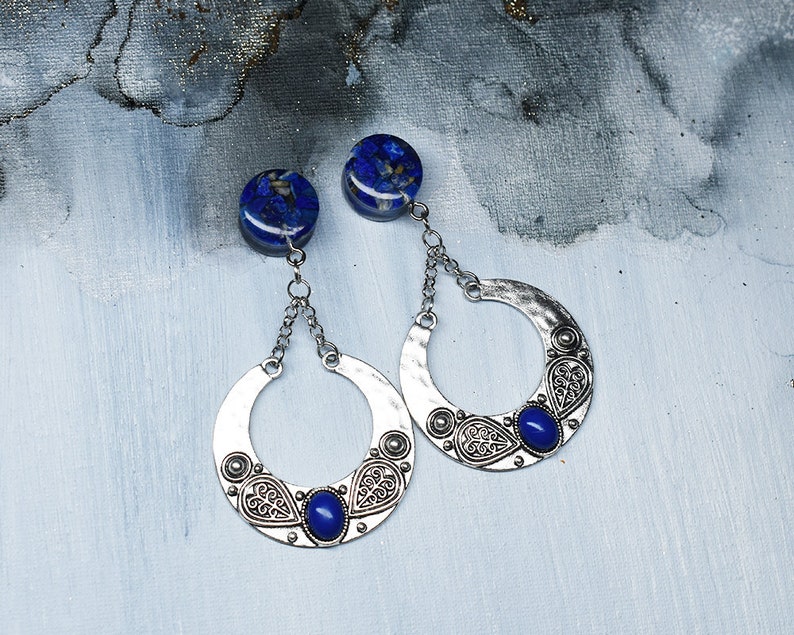 Pair of ear dangle plug tunnel with lapis lazuli stone and pendant charm boho wicca tibetian silver wedding Made to order