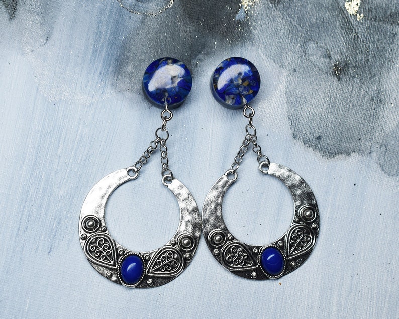 Pair of ear dangle plug tunnel with lapis lazuli stone and pendant charm boho wicca tibetian silver wedding Made to order
