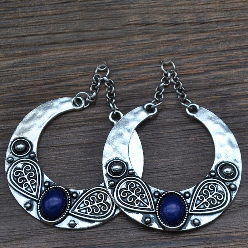 Pair of ear dangle plug tunnel with lapis lazuli stone and pendant charm boho wicca tibetian silver wedding Made to order