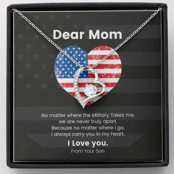 Military Mom Mother's Day Gift From Army Soldier Son, Daughter Heart Necklace Gift, Meaningful Quote Phrases, 18K Gold