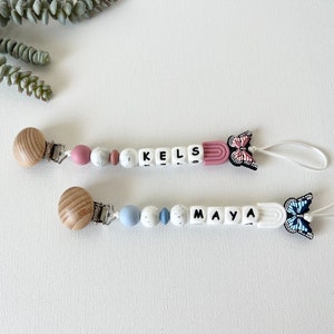 Butterfly Pacifier Clip personalized with name Custom Butterfly Nursery Theme Babyshower Newborn Babygirl Binky Holder image 3