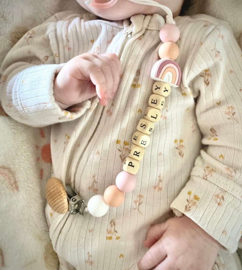 Best Seller Rainbow Pacifier Clip Boho Newborn Preemie babyshower gift Custom Personalized with name Rainbow baby image 1