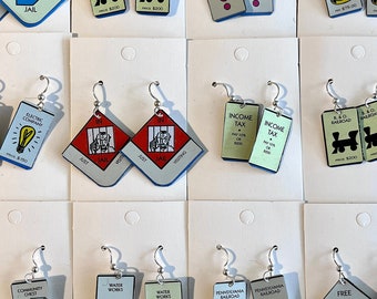 Choose Monopoly tin earrings made from recycled tins. Very lightweight. Monopoly board game jewelry.  Gamer gift. Gaming jewelry.Gaming art.