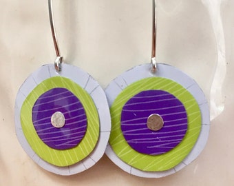 White, green & purple circle tin earrings w/ sterling ear wires.  Recycled gift and jewelry. Recycled earrings. Tin art.  Tin jewelry.