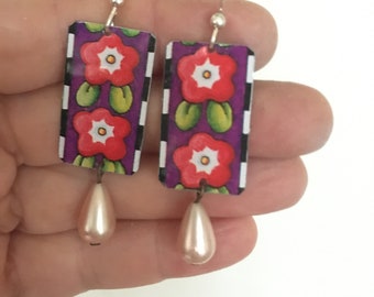 Sweet rectangle flower tin earrings made from recycled tins and red bead.  Sterling Silver wires.  Super lightweight.  Recycled gift. Tin.