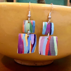 Colorful striped tin earrings made from recycled tins. Sterling Silver wires. Lightweight. Vintage earrings. Tin jewelry.  Dangle earrings.