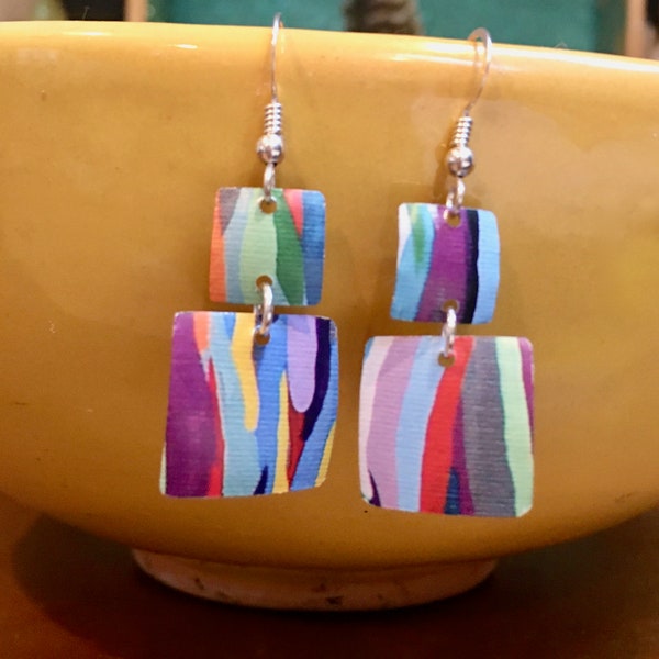 Colorful striped tin earrings made from recycled tins. Sterling Silver wires. Lightweight. Vintage earrings. Tin jewelry.  Dangle earrings.