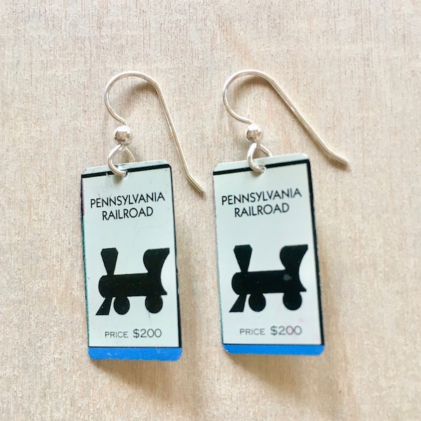 Monopoly tin earrings made from recycled tins.  The fun Pennsylvania Railroad Monopoly jewelry. Lightweight. Board game jewelry. Gamer gift.