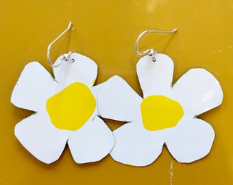 Flower power tin earrings.  Daisy dangle earrings w/ stainless ear wires. Recycled gift and jewelry.  Recycled earrings. Green gifts.