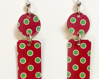 Red polka dot tin earrings made from recycled tins. Fun & whimsical! Sterling Silver wires. Lightweight. Recycled gift. Tin art.Tin jewelry.