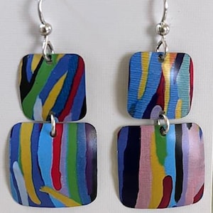 Colorful striped tin earrings made from recycled tins. Sterling Silver wires. Lightweight. Vintage earrings. Tin jewelry.  Dangle earrings.