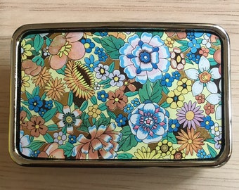 Sweet floral Belt Buckle made from recycled cookie tin.  Tin Belt Buckle.  Men's buckle.  Women's buckle.  Recycled gift.  Great Mens gifts.