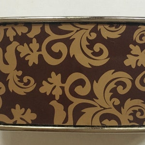 Dark maroon and gold belt buckle made from recycled cookie tin.   Men&#39;s buckle.  Women&#39;s buckle.  Recycled gift.  Mens gifts.  Gift for men.