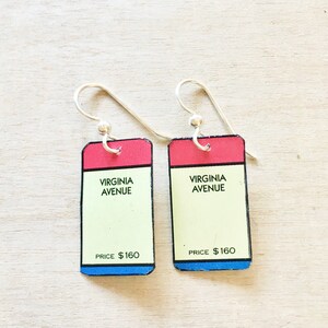 Monopoly tin earrings made from recycled tins.  Sweet Virginia Avenue Monopoly jewelry. Very lightweight. Board game jewelry. Gamer gift.