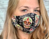Sugar Skull, Day of the Dead, Dia de los Muertos, Breathable Washable Face Mask, Adjustable Ear Loops, Fast Shipping