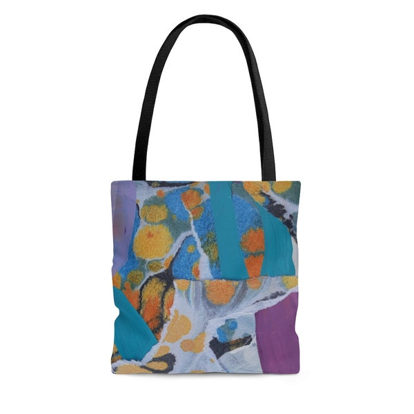 TOTE BAG abstract art recycle purple violet yellow blue, beach bag grocery bag, gym bag, computer bag, purse, funky, vibrant, original