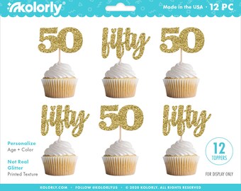 No-Mess Real Gold Glitter Dessert Cupcake Toppers Set of 24 55th Birthday Party Clear Treat Picks Gold Glitter 55