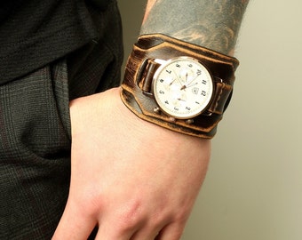 Handmade Leather Watch Cuff, Veg Tan Leather, Adjustable Strap