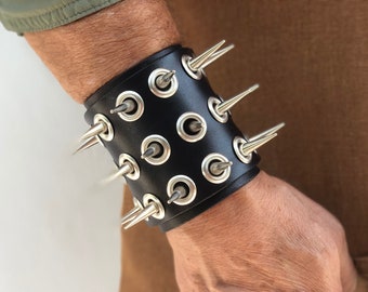 Leather spike cuff, punk leather bracelet, handmade leather bracelet with spikes, black leather cuff, studded handmade bracelet