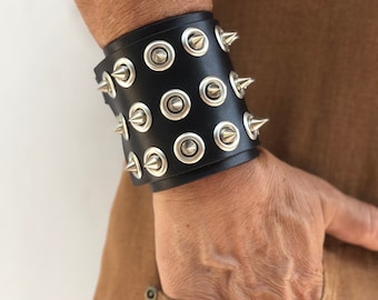 Handmade Leather Spike Cuff, Punk Bracelet, Adjustable
