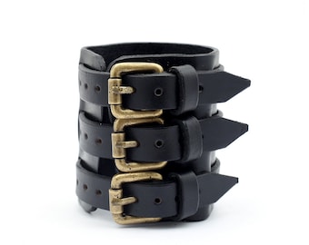 Triple Strap Black Leather Cuff, Mens Buckle Bracelet