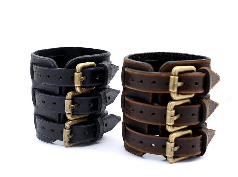 Triple strap leather cuff Mens leather bracelet with buckles Etsy