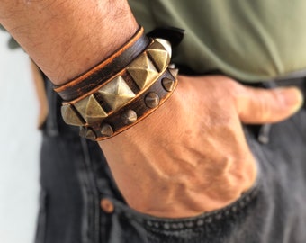 Studded Brown Leather Cuff Bracelet, Handmade Brass Detail