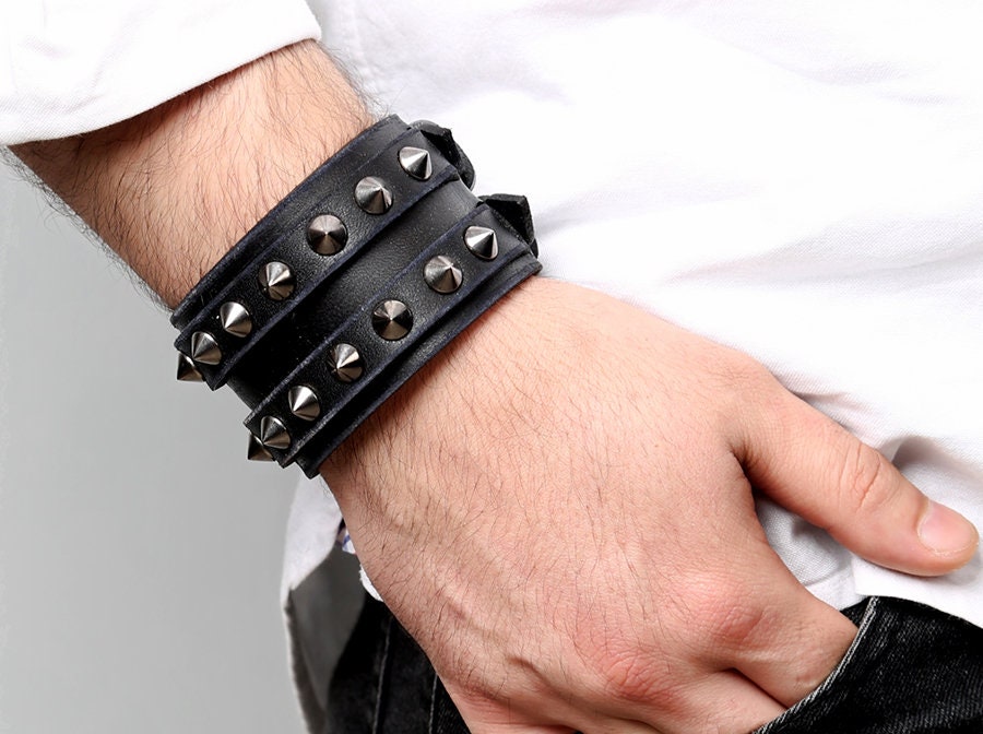 Studded Black Leather Bracelet, Handmade Veg Tanned Cuff - Etsy