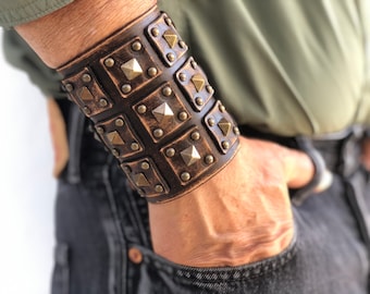Genuine wide leather cuff, Men leather bracelet, Brown leather bracelet, Handmade leather
