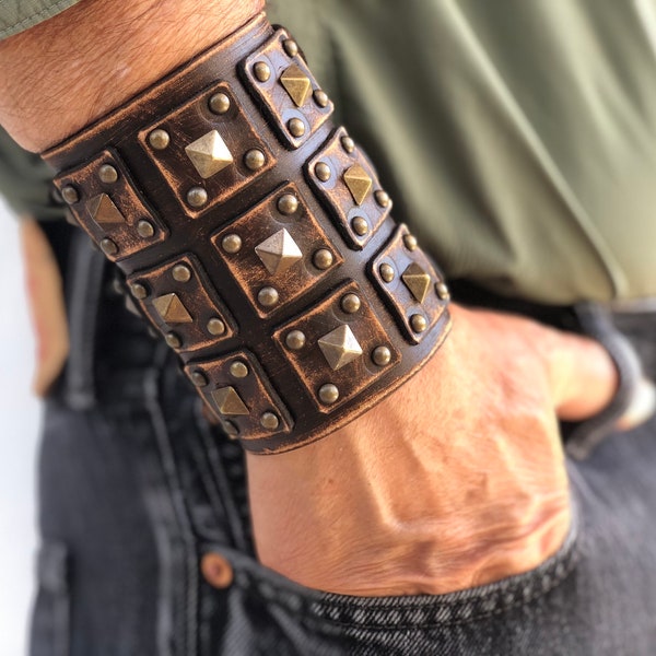 Puño de cuero ancho genuino, pulsera de cuero para hombre, pulsera de cuero marrón, cuero hecho a mano