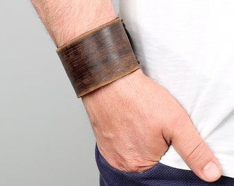 Wide leather bracelet, Men bracelet, Cuff for men, Handmade leather wristband, Adjustable leather cuff, Brown leather, Leather gift