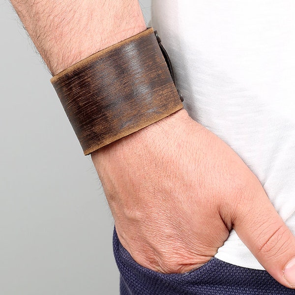 Wide leather bracelet, Men bracelet, Cuff for men, Handmade leather wristband, Adjustable leather cuff, Brown leather, Leather gift